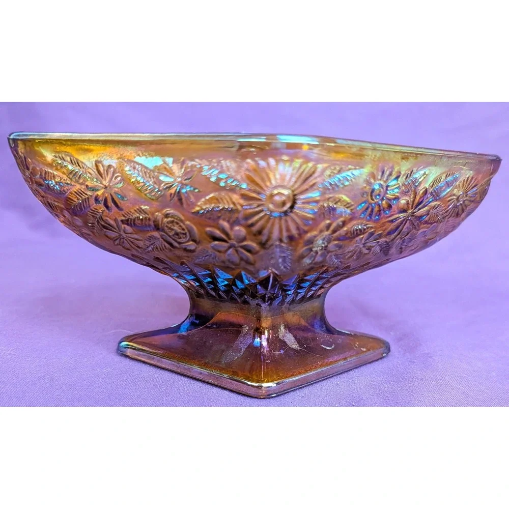 Indiana Carnival Glass Diamond Shaped Pedestal Dish Amber Iridescent Vintage